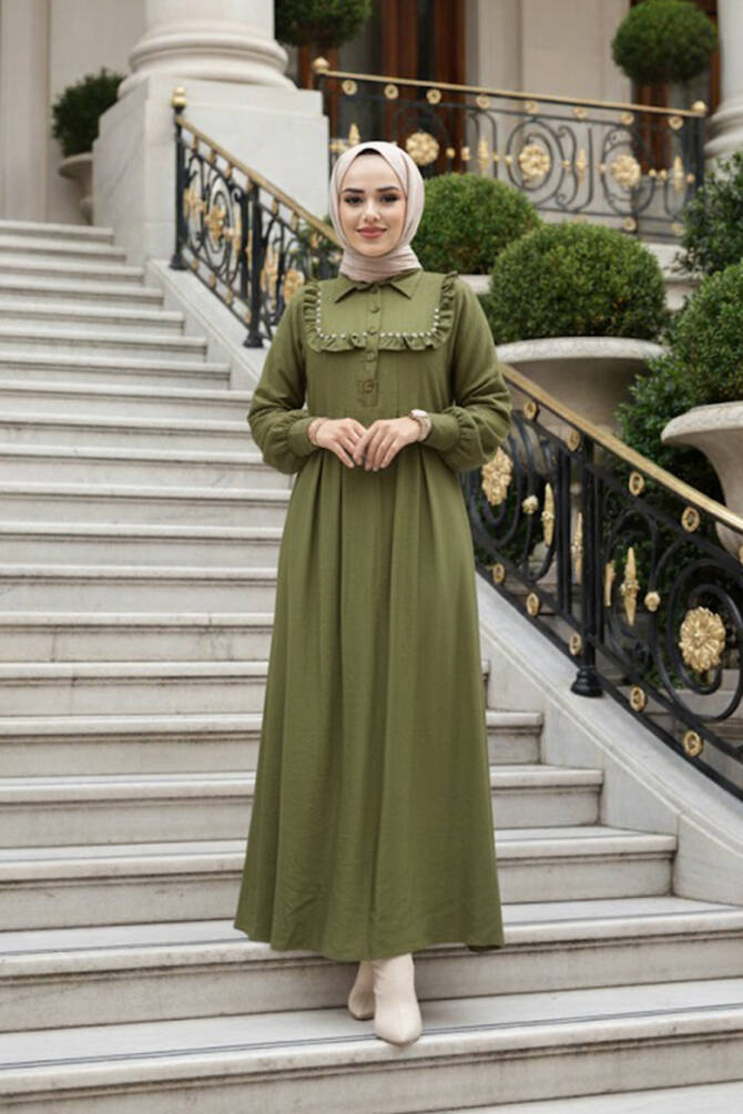 Düğme Detaylı Yağ Yeşili Tesettür Elbise 7224YY - 1