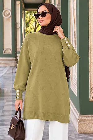 Button-Detail Olive Green Modest Knit Tunic 10941YY 