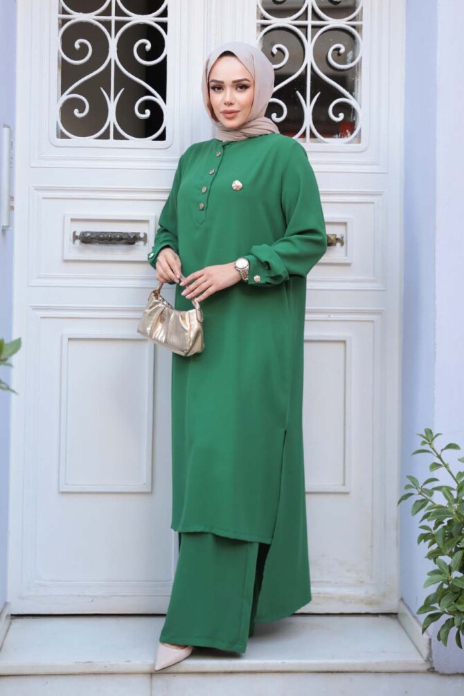 Düğme Detaylı Yeşil Tesettür İkili Takım 76641Y - 4