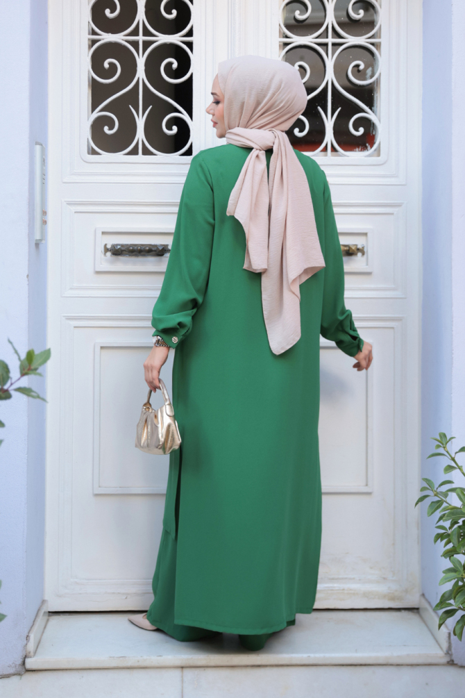 Düğme Detaylı Yeşil Tesettür İkili Takım 76641Y - 5