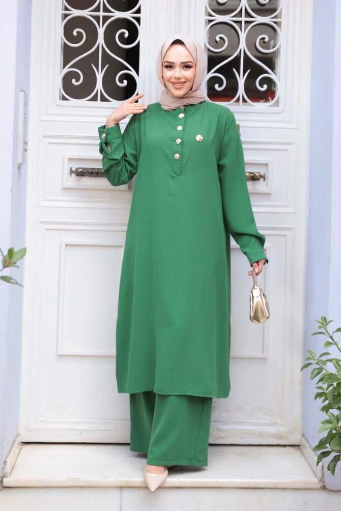Düğme Detaylı Yeşil Tesettür İkili Takım 76642Y - N.S NEVA STYLE