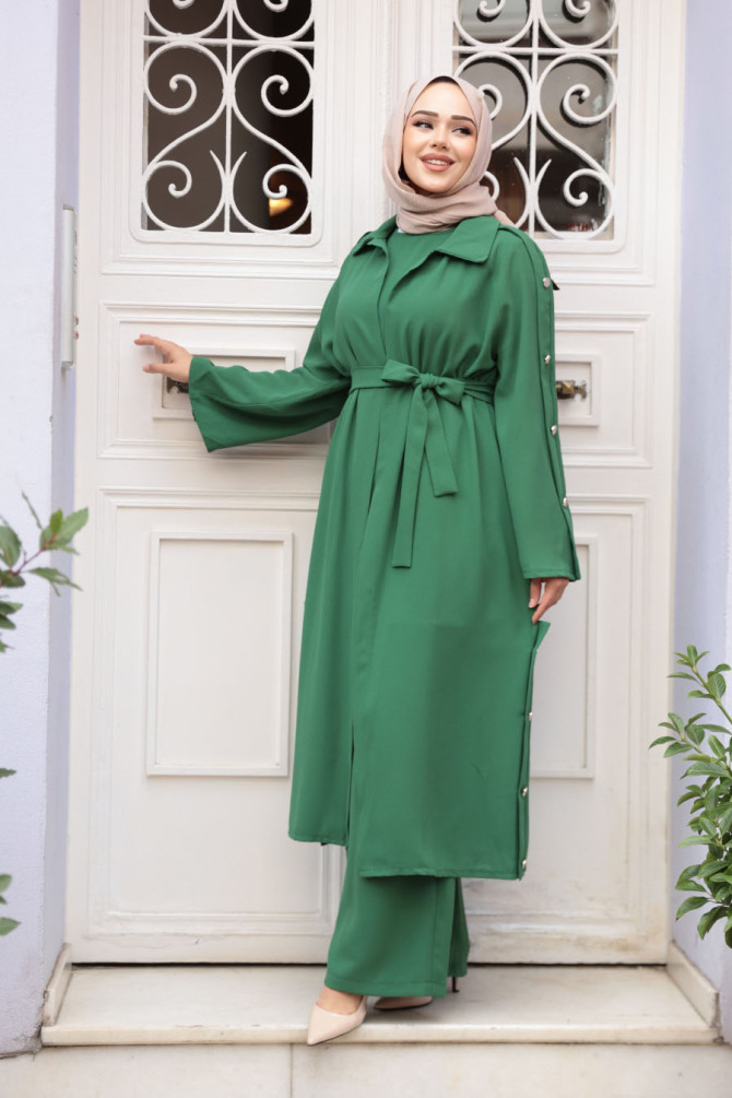 Düğme Detaylı Yeşil Tesettür Üçlü Takım 7677Y - 2
