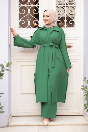 Düğme Detaylı Yeşil Tesettür Üçlü Takım 7677Y - 3