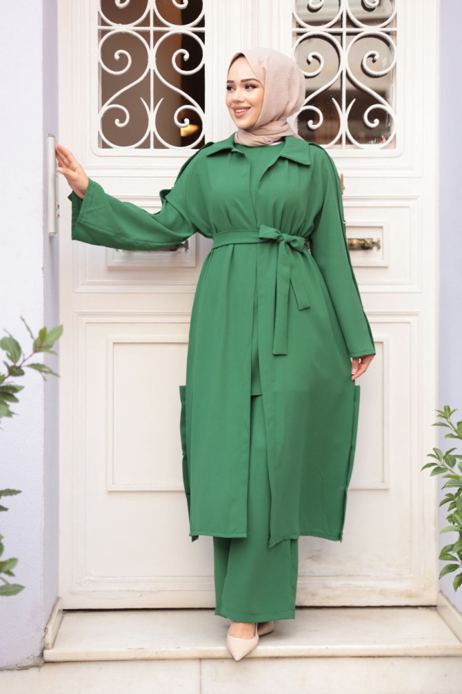 Düğme Detaylı Yeşil Tesettür Üçlü Takım 7677Y - 3