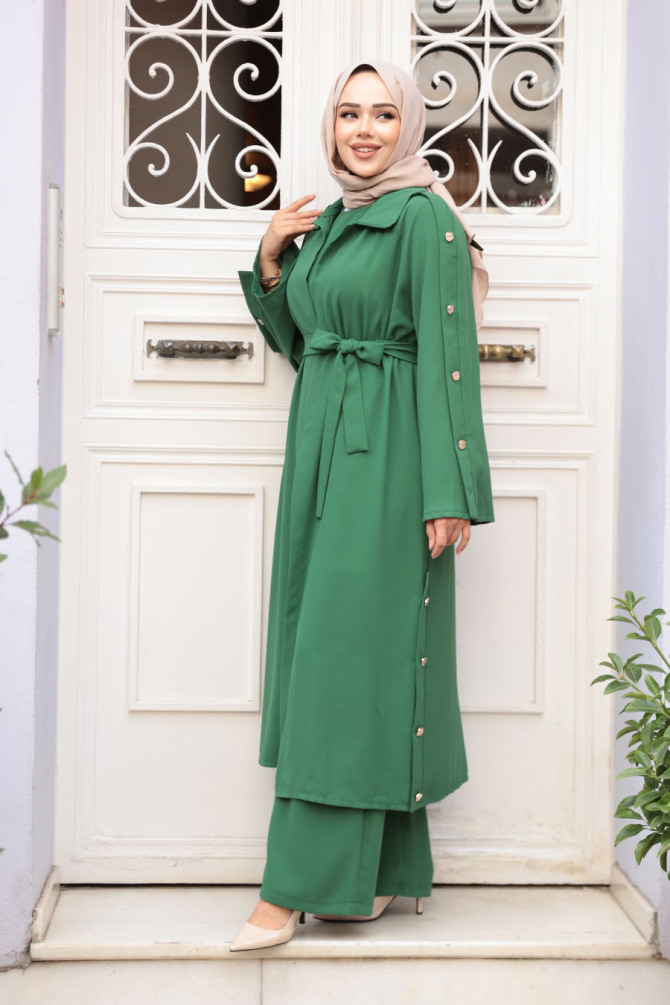 Düğme Detaylı Yeşil Tesettür Üçlü Takım 7677Y - N.S NEVA STYLE