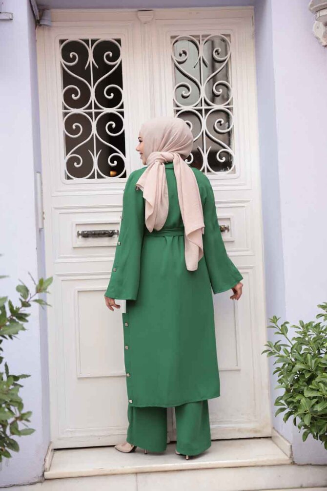 Düğme Detaylı Yeşil Tesettür Üçlü Takım 7677Y - 4