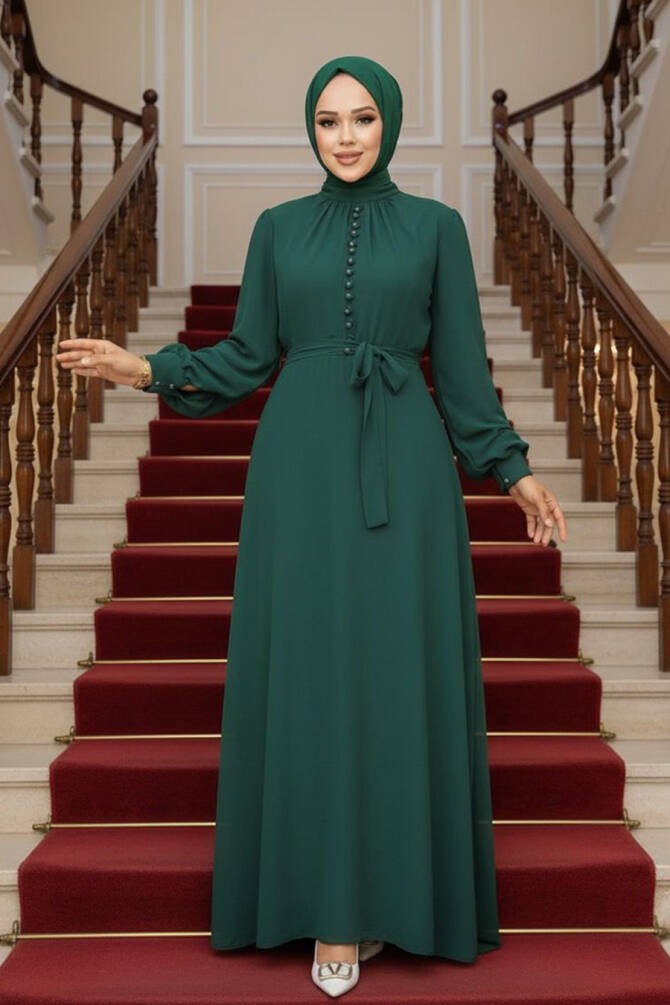 Düğme Detaylı Zümrüt Yeşili Tesettür Elbise 2703ZY - 1
