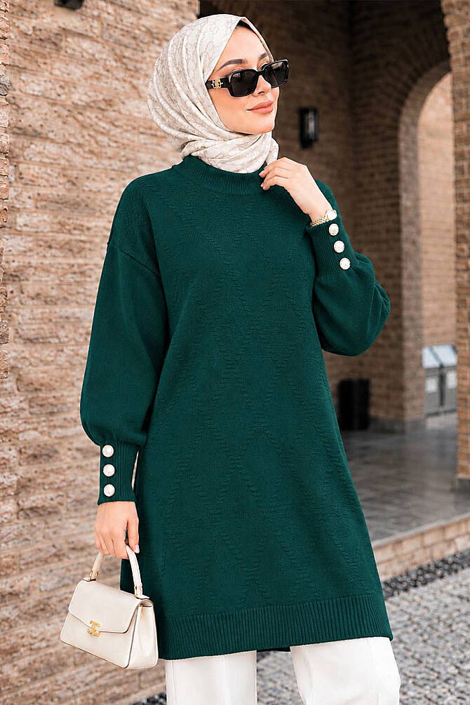 Düğme Detaylı Zümrüt Yeşili Tesettür Triko Tunik 10941ZY - 1