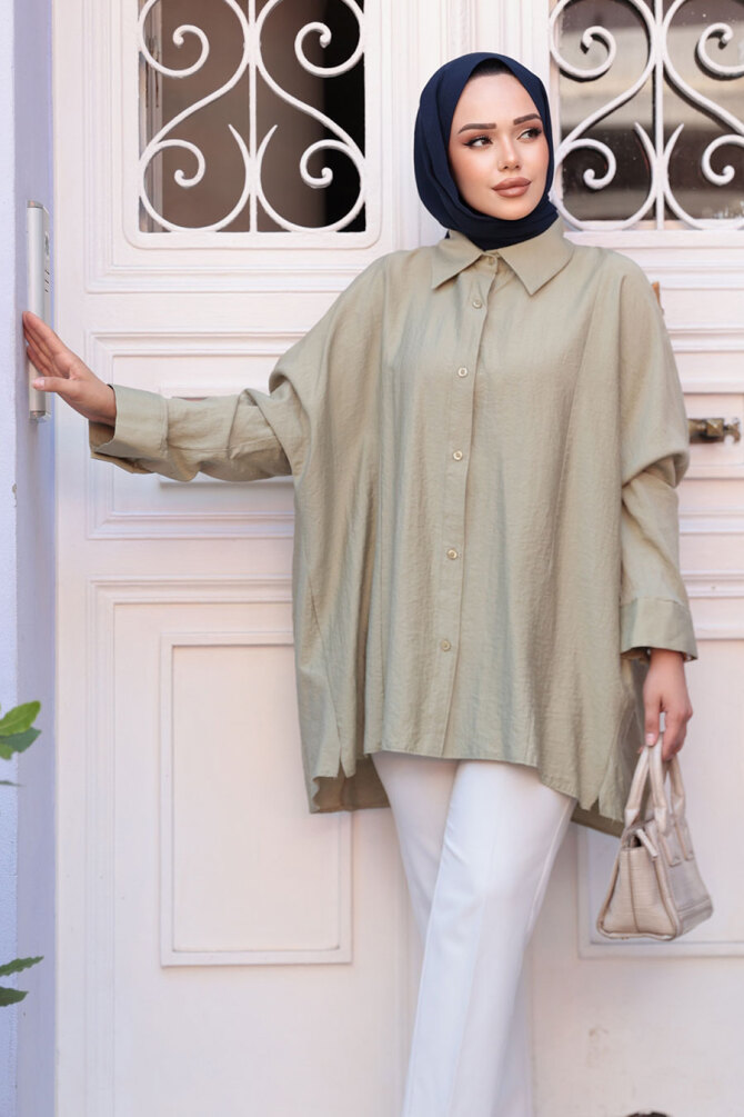 Düğmeli Açık Haki Tesettür Gömlek 10684AHK - NEVA STYLE