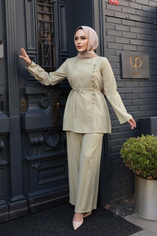 Düğmeli Açık Haki Tesettür İkili Takım 30431AHK - 1