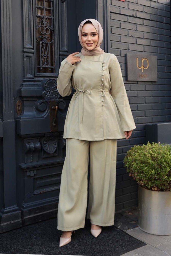 Düğmeli Açık Haki Tesettür İkili Takım 30431AHK - 2