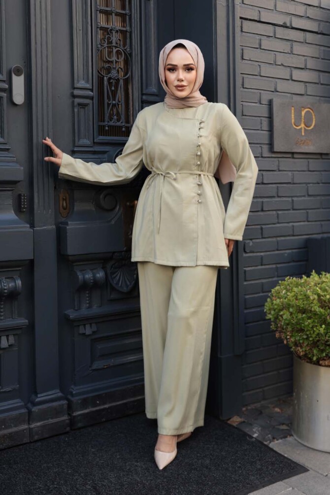 Düğmeli Açık Haki Tesettür İkili Takım 30431AHK - 3