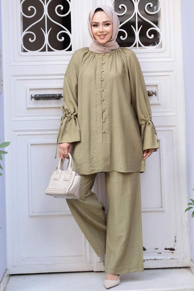 Düğmeli Açık Haki Tesettür İkili Takım 30451AHK - 1