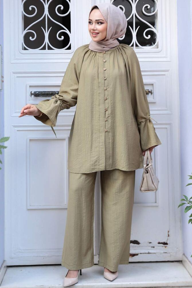Düğmeli Açık Haki Tesettür İkili Takım 30451AHK - 3