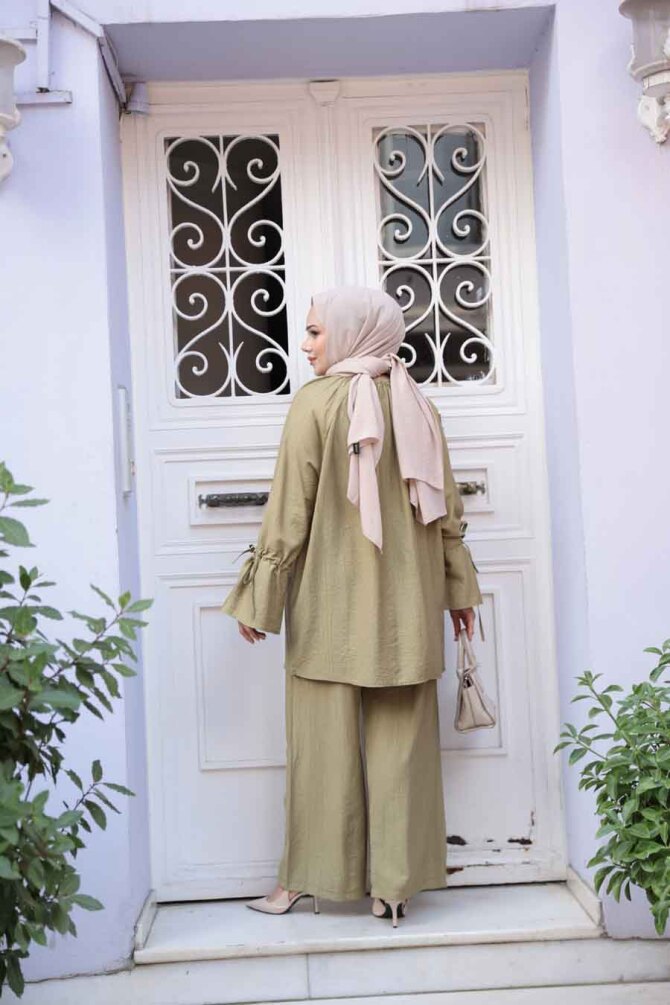 Düğmeli Açık Haki Tesettür İkili Takım 30451AHK - 5