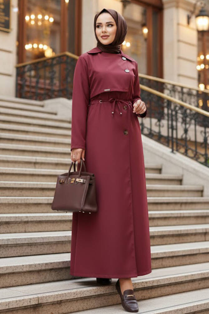 Düğmeli Bordo Tesettür Trençkot 684BR - 1
