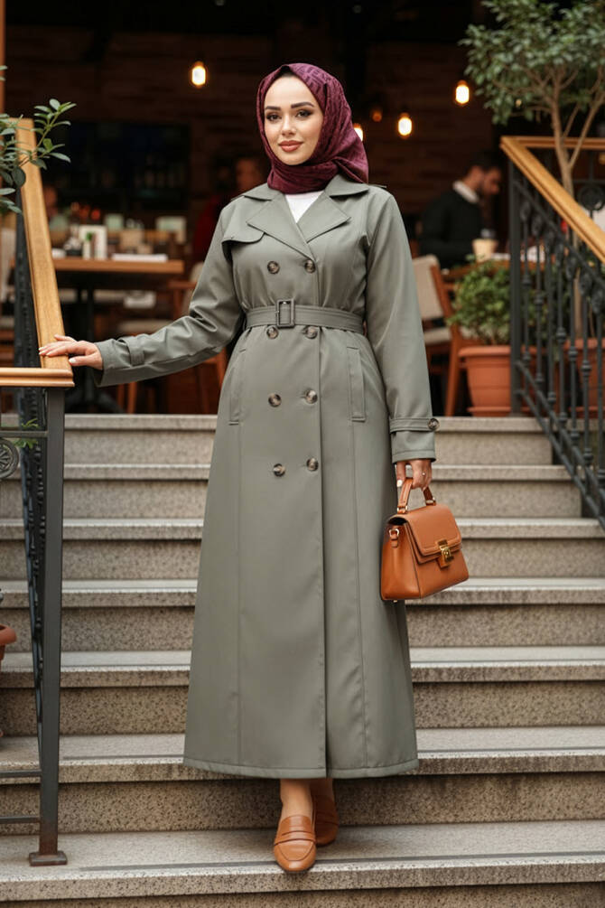 Düğmeli Açık Haki Tesettür Trençkot 7261AHK - 1