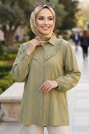 Düğmeli Açık Haki Tesettür Tunik 10693AHK 