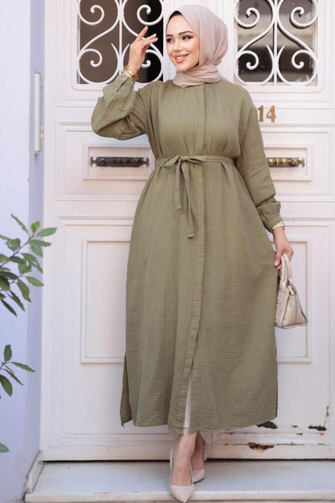 Düğmeli Açık Haki Tesettür Tunik 19045AHK - 3