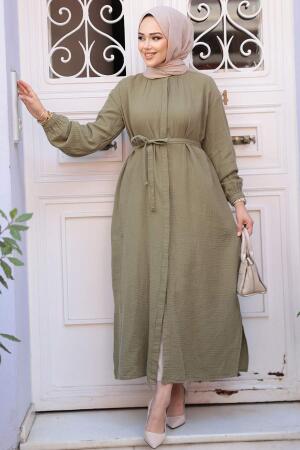 Düğmeli Açık Haki Tesettür Tunik 19045AHK - 1