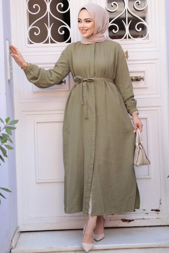 Düğmeli Açık Haki Tesettür Tunik 19045AHK - 1