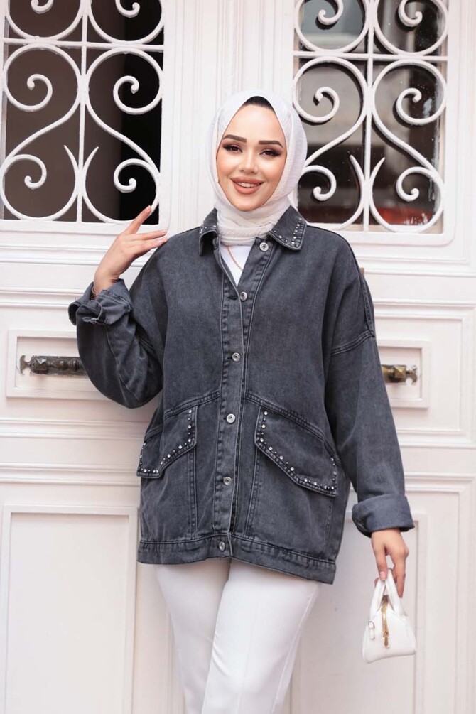 Düğmeli Antrasit Tesettür Kot Ceket 20387ANT - 2