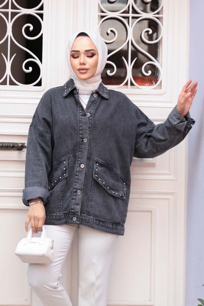 Düğmeli Antrasit Tesettür Kot Ceket 20387ANT - NEVA STYLE