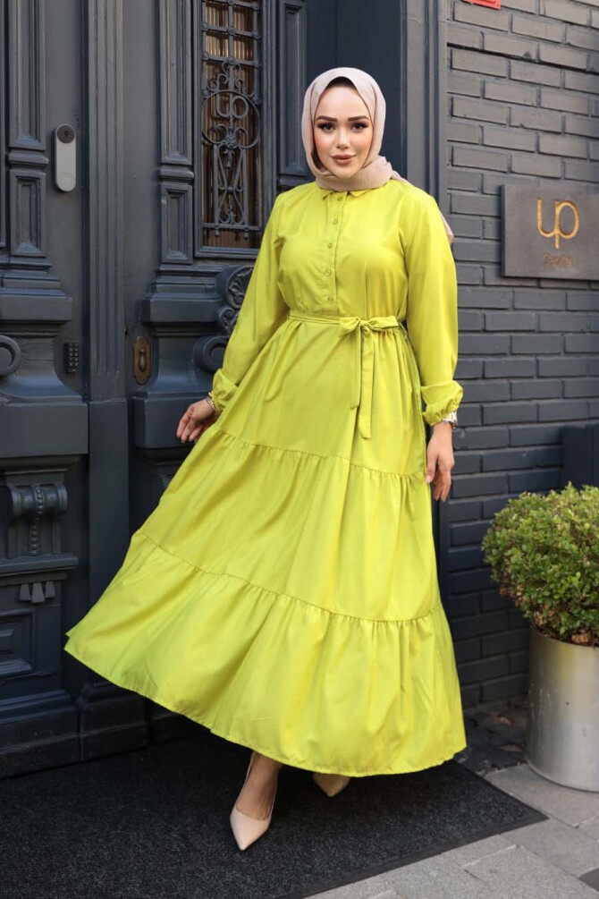 Düğmeli Asidik Sarı Tesettür Elbise 30391ASR - 1