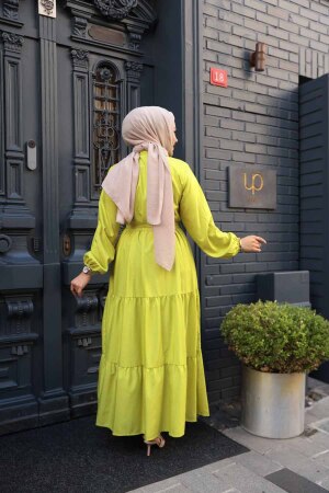 Düğmeli Asidik Sarı Tesettür Elbise 30391ASR - 4