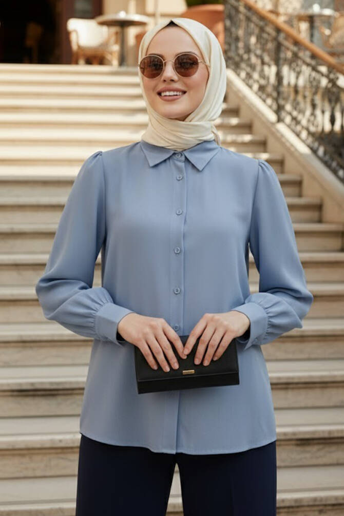 Düğmeli Bebek Mavisi Tesettür Gömlek 52284BM - 1