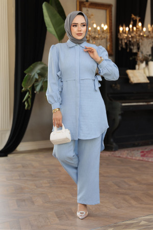 Düğmeli Bebek Mavisi Tesettür İkili Takım 68351BM 