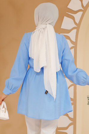 Düğmeli Bebek Mavisi Tesettür Tunik 10025BM - 4