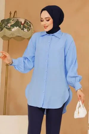 Düğmeli Bebek Mavisi Tesettür Tunik 10059BM 