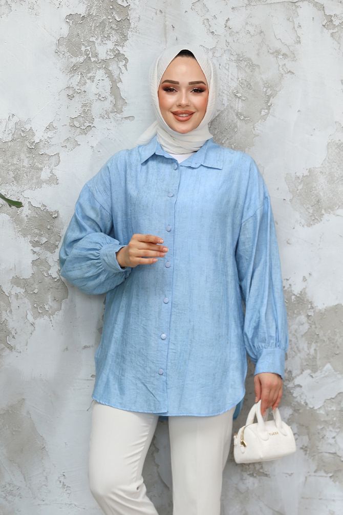 Düğmeli Bebek Mavisi Tesettür Tunik 10113BM - 3
