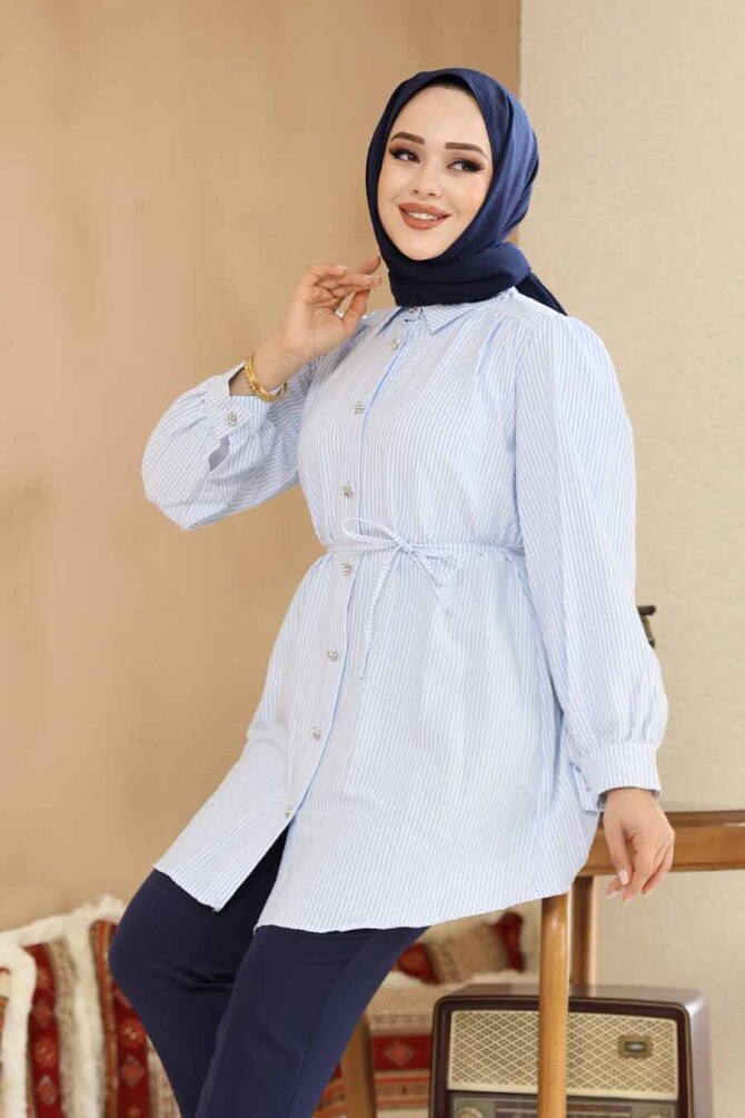 Düğmeli Bebek Mavisi Tesettür Tunik 42421BM - NEVA STYLE