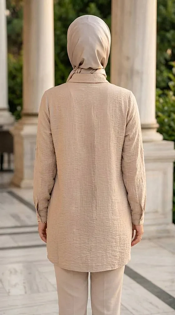 Düğmeli Bej Çilek Kumaş Tesettür Tunik 11201BEJ - 2