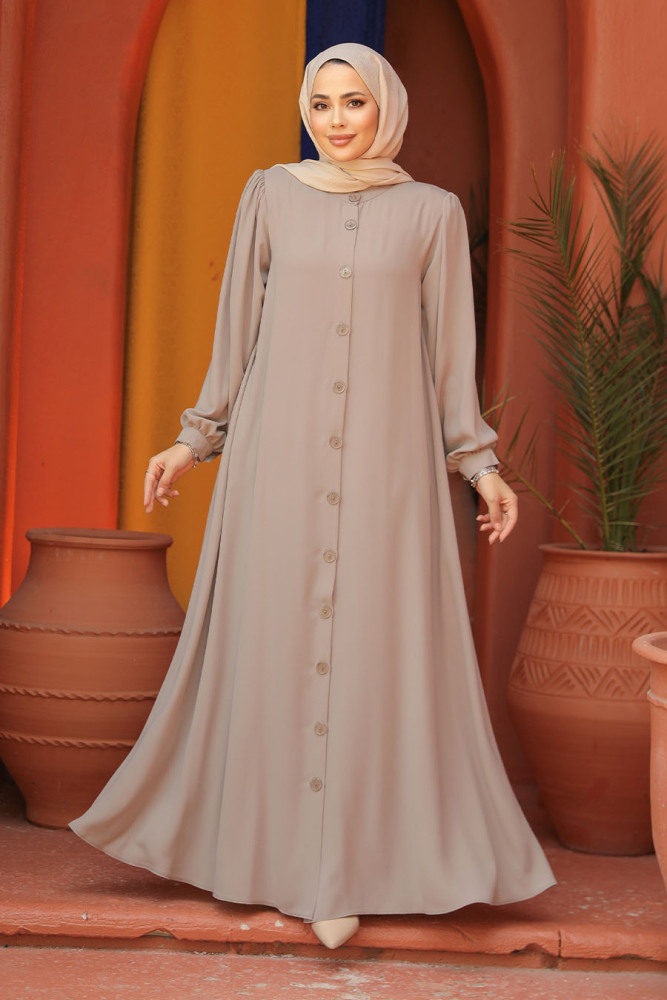 Düğmeli Bej Tesettür Abaya 45283BEJ - 2