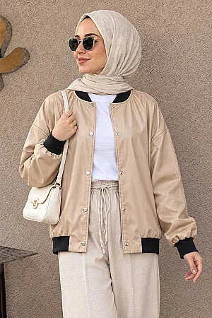  Düğmeli Bej Tesettür Deri Ceket 9264BEJ - NEVA STYLE