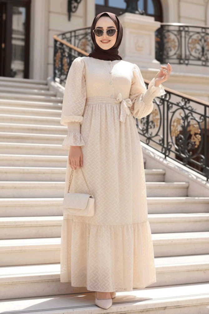 Düğmeli Bej Tesettür Elbise 13902BEJ - 1