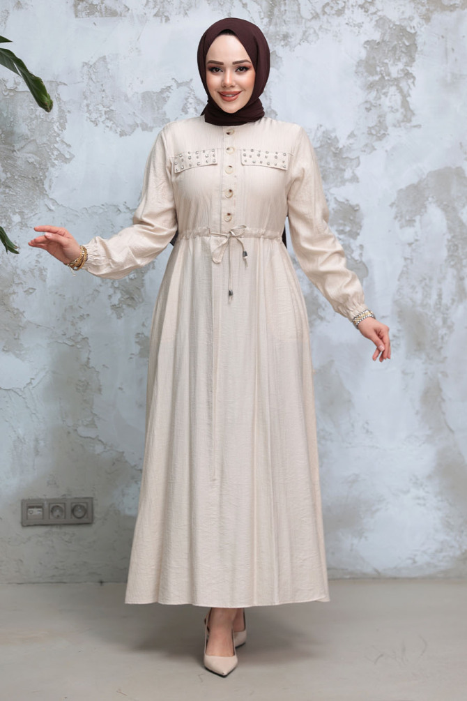 Düğmeli Bej Tesettür Elbise 17131BEJ - 1
