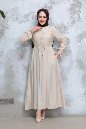 Düğmeli Bej Tesettür Elbise 17131BEJ - 2