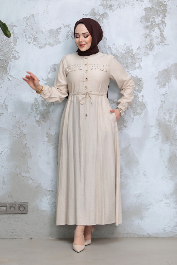 Düğmeli Bej Tesettür Elbise 17131BEJ - 3