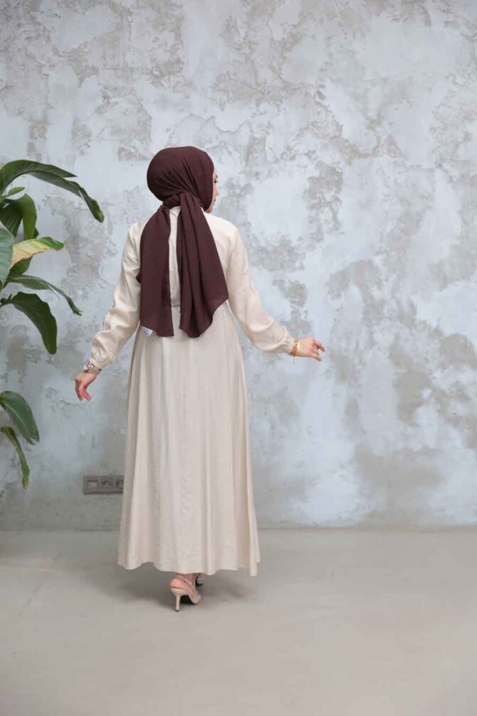 Düğmeli Bej Tesettür Elbise 17131BEJ - 4