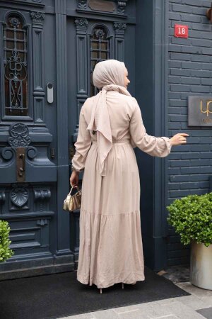 Düğmeli Bej Tesettür Elbise 23929BEJ - 4