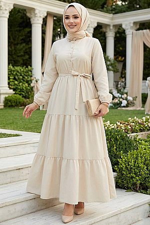 Düğmeli Bej Tesettür Elbise 30391BEJ - 1