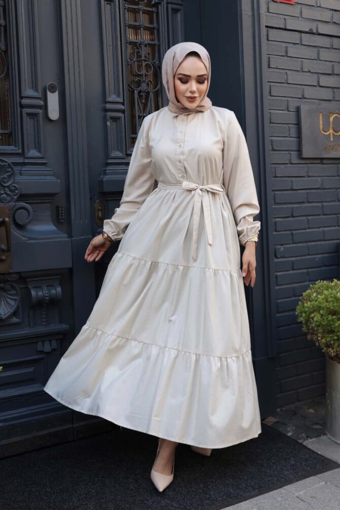 Düğmeli Bej Tesettür Elbise 30391BEJ - 1