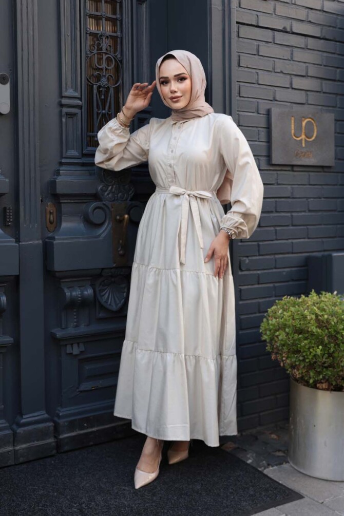 Düğmeli Bej Tesettür Elbise 30391BEJ - 2