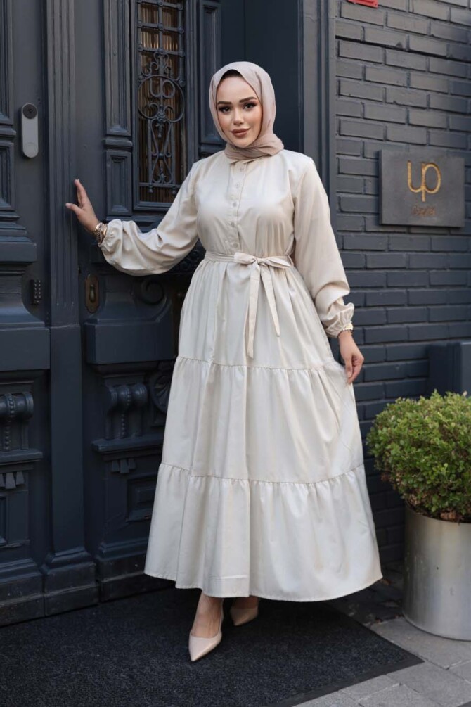 Düğmeli Bej Tesettür Elbise 30391BEJ - 3