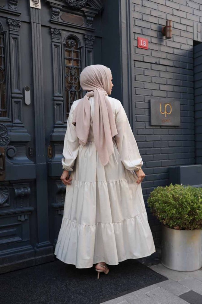 Düğmeli Bej Tesettür Elbise 30391BEJ - 4