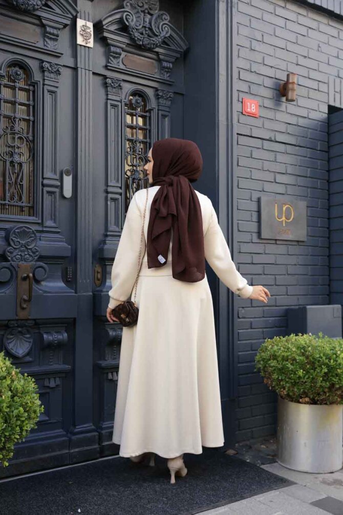 Düğmeli Bej Tesettür Etekli İkili Takım 12261BEJ - 6